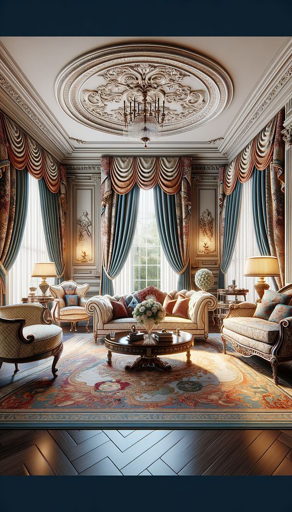 a sophisticated living room decorated in the English Regency style, featuring stately furniture with classical motifs, bold color schemes, and luxurious textiles