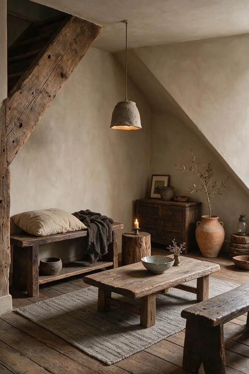 A serene basement lounge with rough plaster walls, exposed timber beams, and worn wooden benches arranged around a low rustic coffee table. A hanging clay pendant light, neutral textiles, ceramic vessels, and a warm candle create a calm Wabi-Sabi atmosphere.
