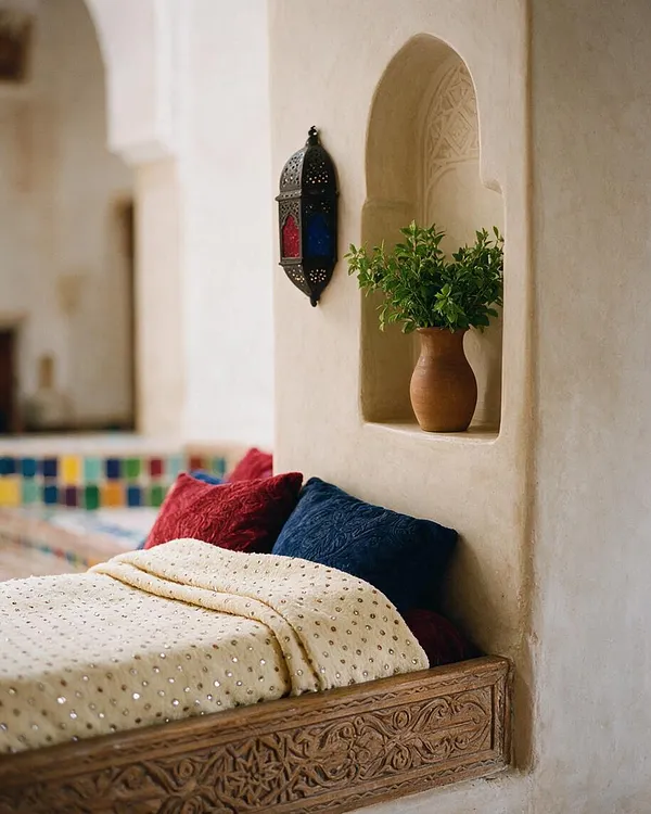 A cozy Moroccan-style sleeping alcove with a carved wooden bed base, cream patterned bedding, and deep red and navy pillows. An arched wall niche holds a terracotta vase with greenery, while a small decorative lantern adds color and texture against the plaster wall.