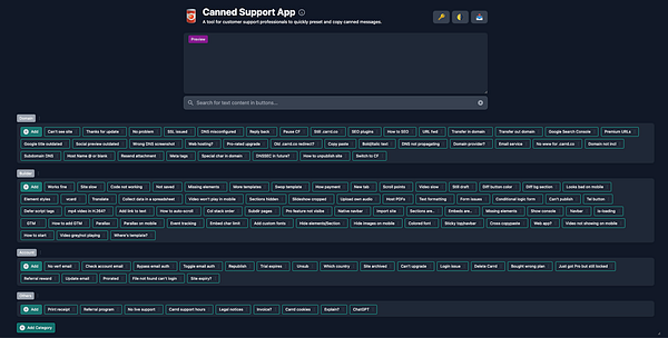 The image displays the interface of the Canned Support App, showcasing various preset messages for customer support tasks.