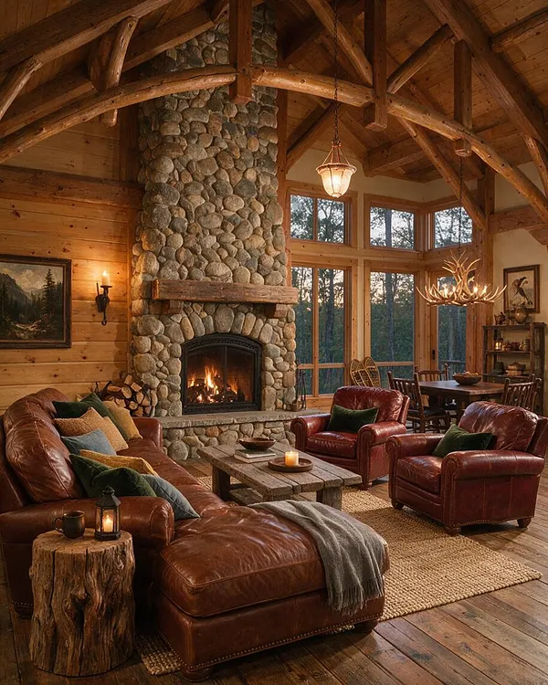 A rustic basement living area with exposed timber beams, a floor-to-ceiling river stone fireplace, and warm wood-paneled walls. Leather sofas and armchairs surround a rough-hewn coffee table, with a chandelier, antler-style light fixture, and large windows adding warmth and natural light.