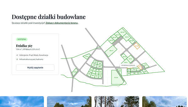A minimalist website showcasing a large green field with a clear sky, designed to sell land in Poland.