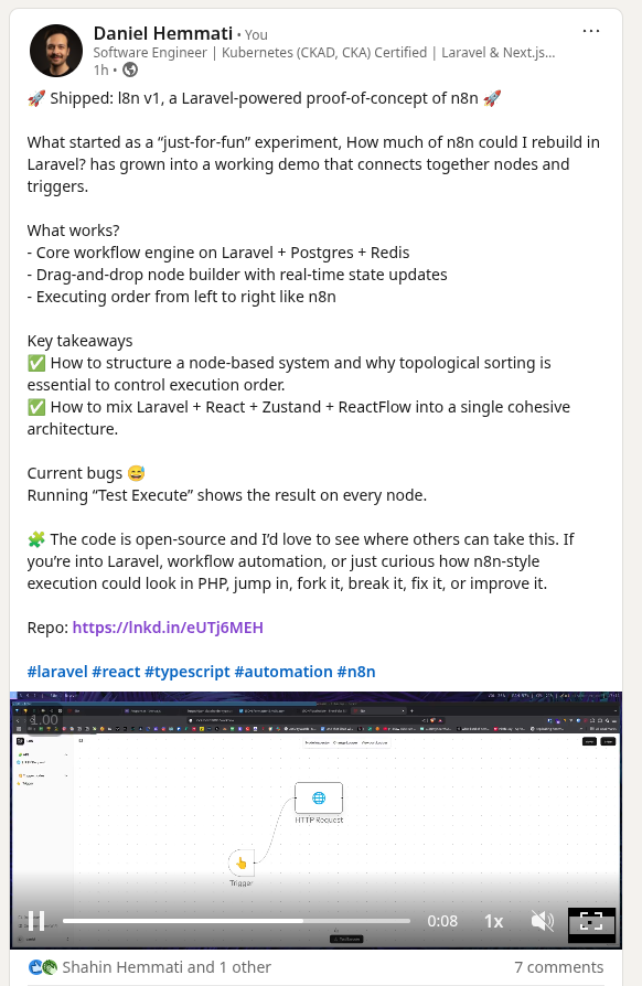 A LinkedIn post showcasing a Laravel-powered proof-of-concept for n8n, featuring a workflow interface.