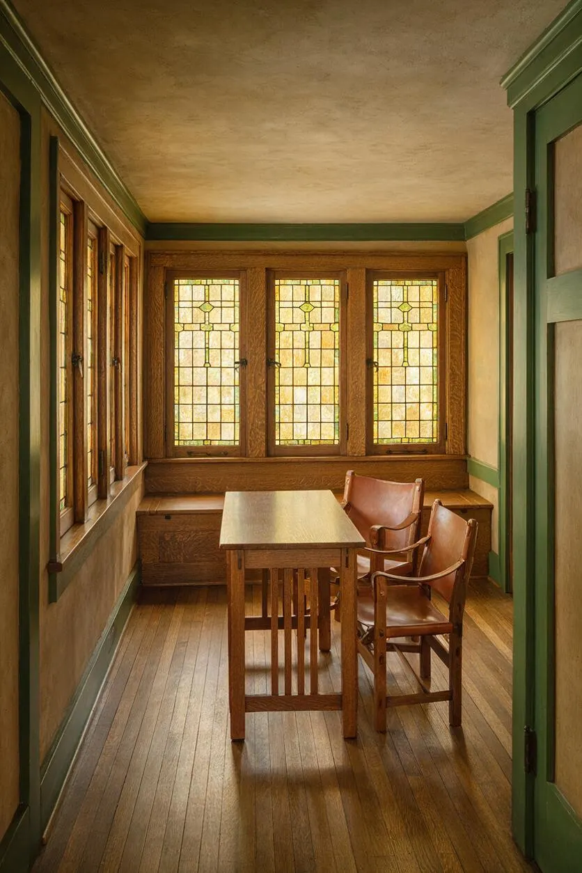 A narrow Craftsman-style game room features a simple wooden table with two leather chairs on a medium-toned wood floor. Built-in bench seating lines the back wall beneath leaded glass windows, and green trim frames the doors, ceiling edges, and woodwork throughout the room.