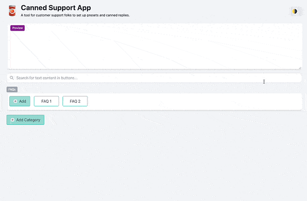 The image displays a demo interface of the Canned Support App, showcasing a preview container and FAQ management features.