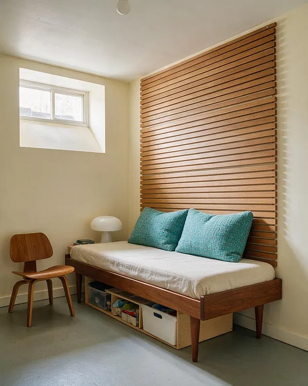 A compact basement seating nook styled in mid-century modern design, featuring a walnut daybed with white bedding and teal cushions beneath a warm wood slat accent wall. A small white mushroom lamp and sculptural wooden chair complete the minimalist space, with a low basement window bringing in soft natural light.