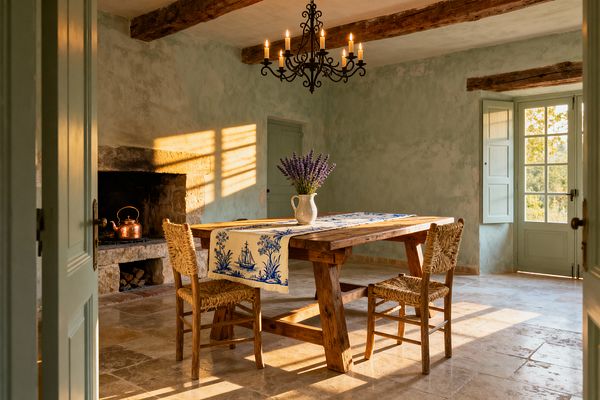 A rustic French Country dining room with sage-green limewashed walls, exposed wood ceiling beams, and a reclaimed farmhouse table flanked by two rush-seat chairs. An ornate black wrought-iron chandelier hangs overhead, a stone fireplace with a copper kettle sits on the left, and sunlight pours through sage-painted French doors onto honed limestone floors; the table holds a blue-and-white toile runner and a ceramic jug of lavender.