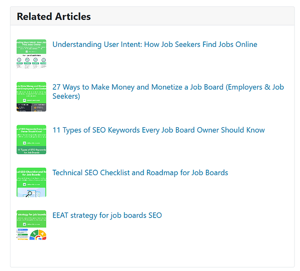 A list of related articles with thumbnails in a blog interface.