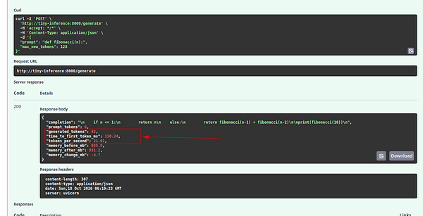 Screenshot of a curl POST request to an inference API with the server JSON response highlighting performance metrics like time to first token and tokens per second.