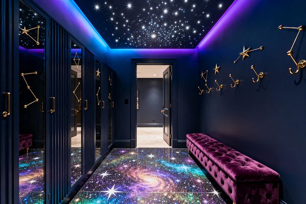 A mudroom in deep navy features a glossy galaxy-patterned epoxy floor, a fiber‑optic star ceiling, and violet-blue LED cove lighting. Fluted navy lockers with glass inserts and brass constellation motifs line one side, while a long tufted plum velvet bench and brass constellation wall hooks sit opposite, with brass hardware and dark paneled doors completing the cosmic chic look.