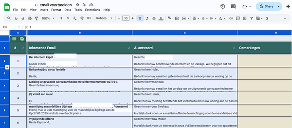 A spreadsheet containing email examples for an AI agent responder related to a homeowners association.