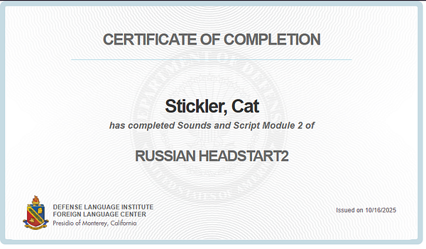 A certificate of completion for a language module.