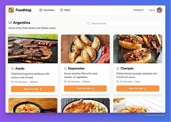 The image displays a FoodMap interface showcasing Argentine dishes.