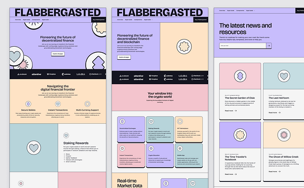 The image displays a web design layout for a platform called 'Flabbergasted' focused on decentralized finance and blockchain.