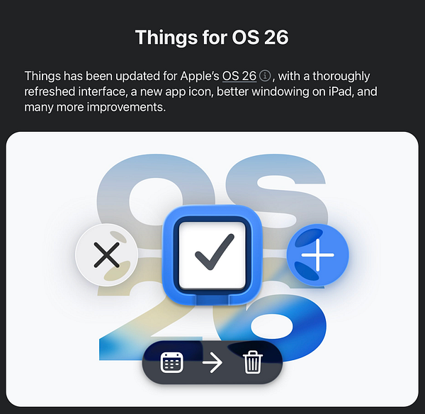 The image features a promotional graphic for the Things app update for OS 26.