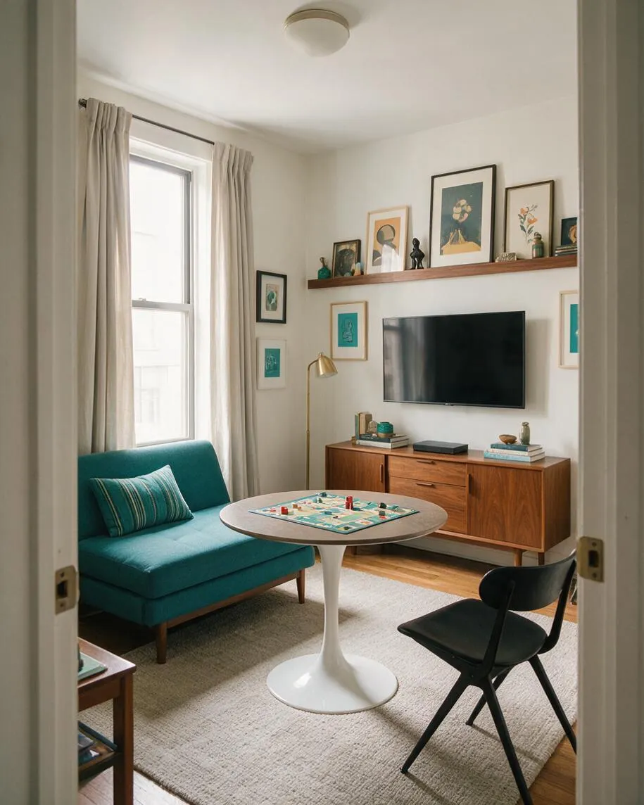 A compact eclectic game room with a teal loveseat, round pedestal game table, and black folding chair on a light area rug. The white walls feature a floating wood shelf, framed artwork, a wall-mounted TV, a walnut credenza, and cream curtains beside a tall window.