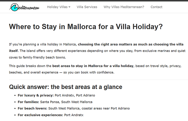 A Mediterranean-style villa featuring architectural details and a scenic backdrop, alongside a blog article titled 'Villa Mediterranean' with SEO keywords and a green 'SUBMIT' button.