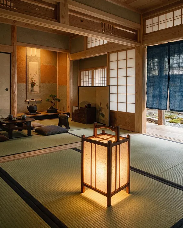 A serene Japanese-style room with tatami mat flooring, wooden beams, shoji screens, and a softly glowing square paper lantern in the foreground. The space includes low tea furniture, a hanging scroll, and a dark indigo curtain near the open veranda, creating a calm Zen atmosphere.