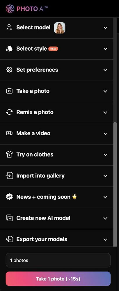 The image displays a sidebar menu for a Photo AI application with various options and features.