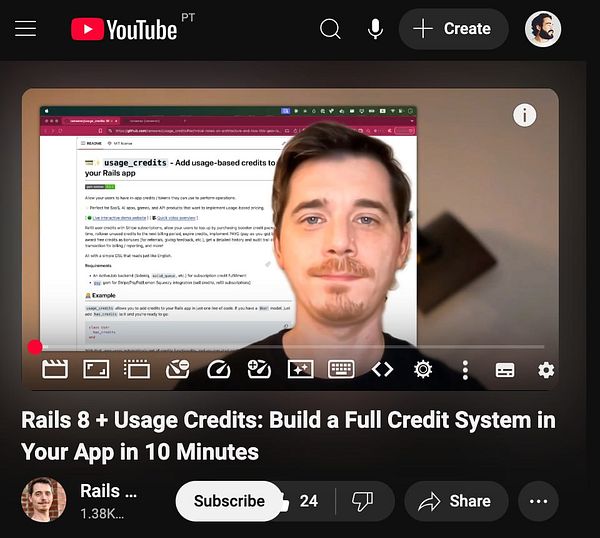 A video tutorial on YouTube featuring a presenter discussing a gem for Rails applications.