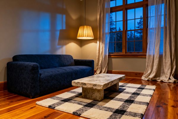 A Scandinavian-style living room at dusk features a deep navy, low-profile sofa with soft, textured upholstery. A rectangular stone coffee table sits on a cream rug with charcoal gray plaid. Honey-toned wood floors and matching window frames warm the space, while long, natural linen curtains frame a large multi-pane window. A pleated linen pendant lamp casts a gentle glow on beige walls, creating a calm, minimal atmosphere with ample negative space and natural materials.