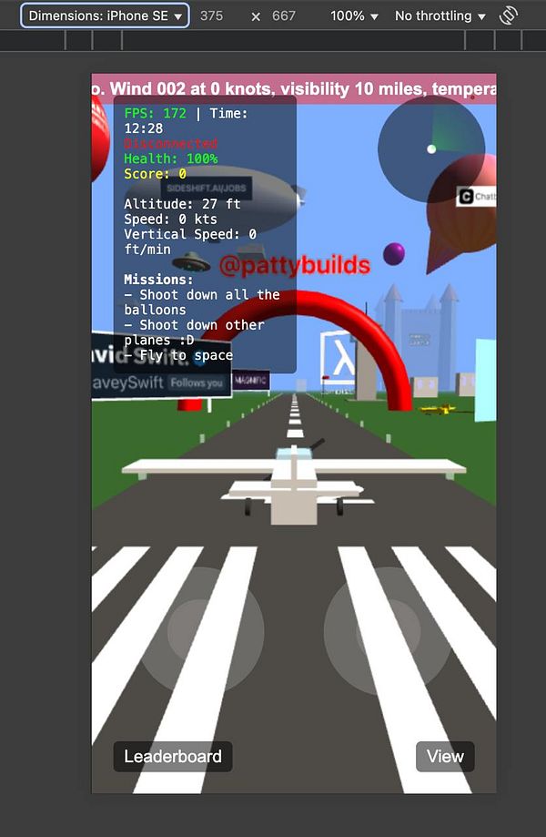 The image displays a mobile game interface featuring an airplane on a runway with various game statistics and mission objectives.