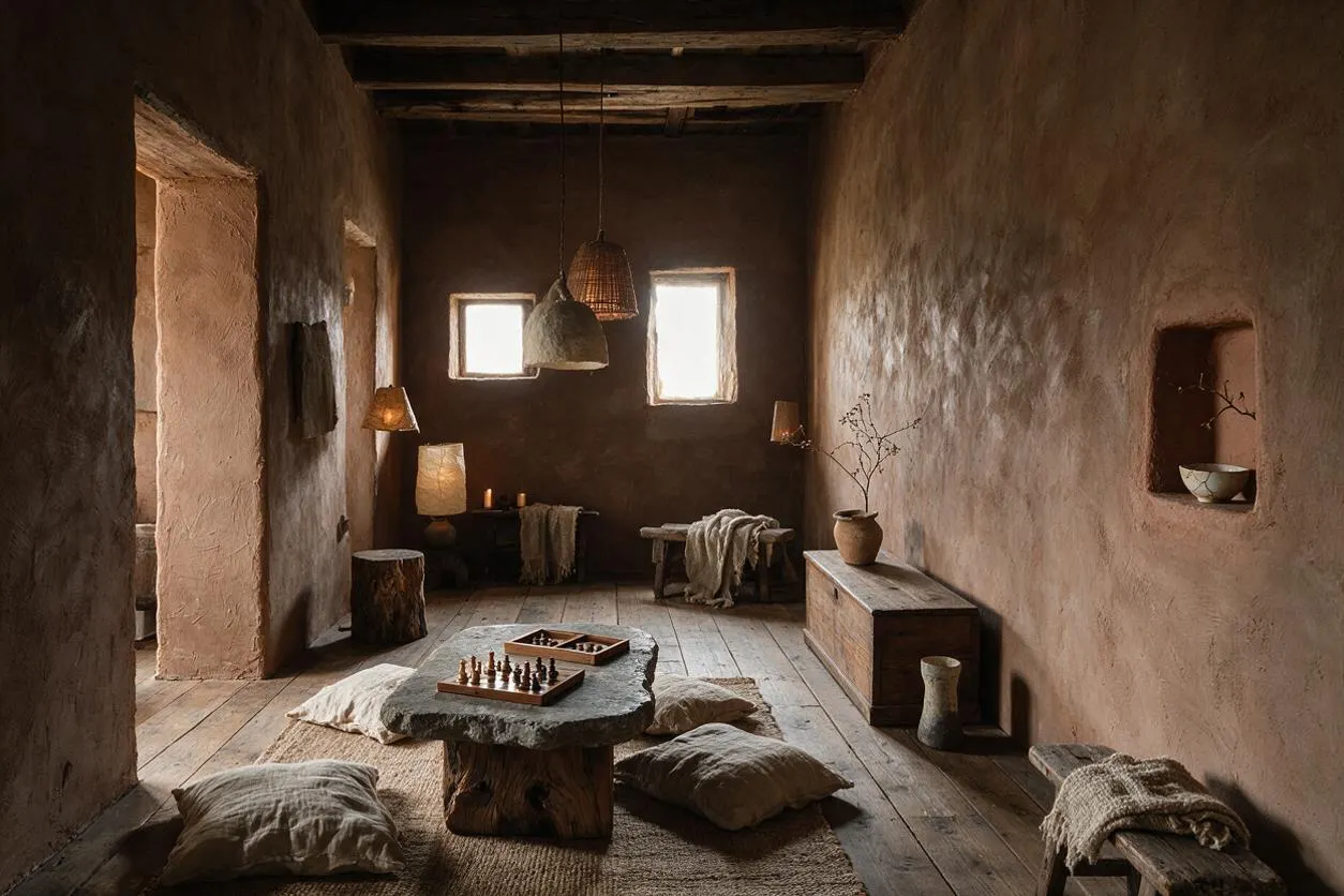 A rustic game room with clay-plastered walls, exposed wooden beams, and plank flooring. A low stone coffee table with chess pieces sits on floor cushions, while woven pendant lights, soft textiles, and handmade pottery add a quiet, earthy atmosphere.