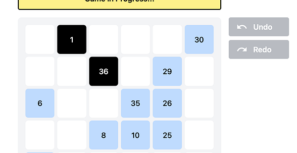 A grid-based game interface displaying numbers with options to undo and redo actions.