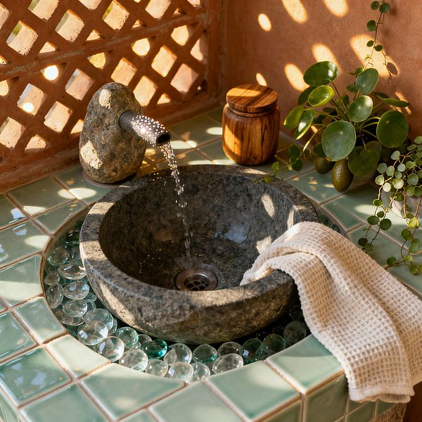 A close-up of a biophilic laundry sink shows water flowing from a small stainless spout set into a rounded river stone into a dark gray stone bowl. The countertop is tiled in glossy mint-green squares, with clear glass pebbles circling the basin. Sunlight filters through a terracotta lattice wall, casting dappled light. A cream waffle towel rests on the rim beside a wooden canister and a potted plant with round, coin-like leaves.