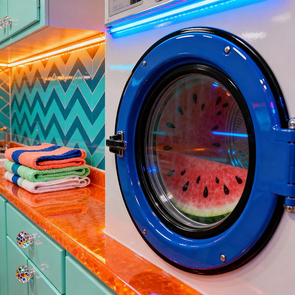 A vivid pop-art laundry room shows mint cabinets with multicolor jewel-like knobs, a translucent orange countertop glowing from LED strips, and a glossy teal chevron tile backsplash. A front-loading washer with an electric blue door sits beside stacked neon towels, while orange and blue lights reflect on shiny surfaces; a playful watermelon graphic appears inside the drum, enhancing the bright, high-contrast, and whimsical feel of the space.
