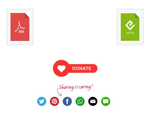 The image features icons representing PDF and ePUB file formats, along with social media and donation buttons.