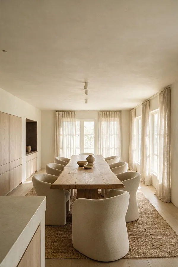 A serene dining room with a long raw wood table surrounded by cream upholstered dining chairs on a natural woven rug. Soft sheer curtains filter daylight from large windows, while pale wood cabinetry and a neutral plaster-like ceiling complete the calm Organic Modern look.