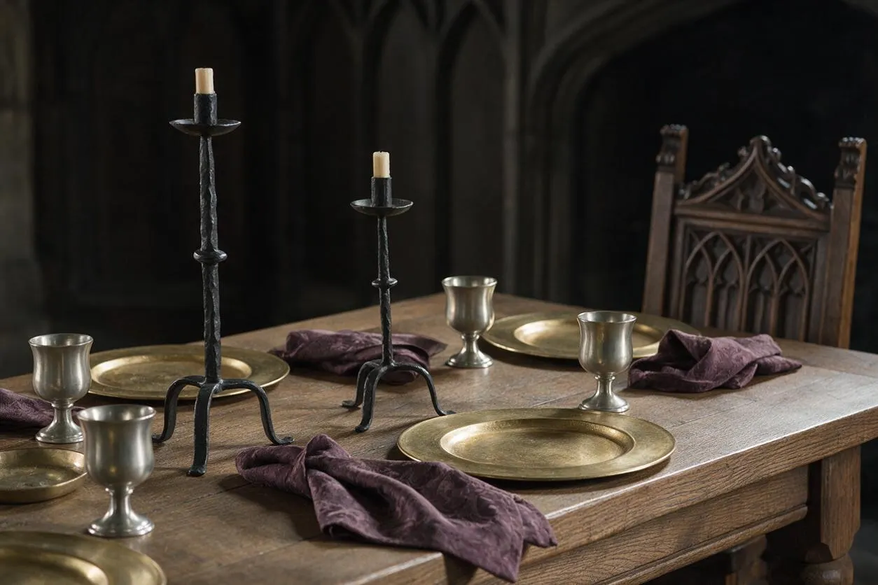 A dark Gothic dining vignette shows a heavy wooden table set with brass plates, silver goblets, and deep plum cloth napkins. Two tall black wrought-iron candlesticks stand at the center, and a carved high-back chair with pointed arch details is visible behind the table.