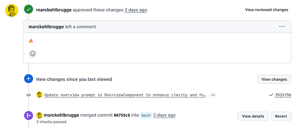 The image displays a GitHub pull request interface showing comments and approval status.