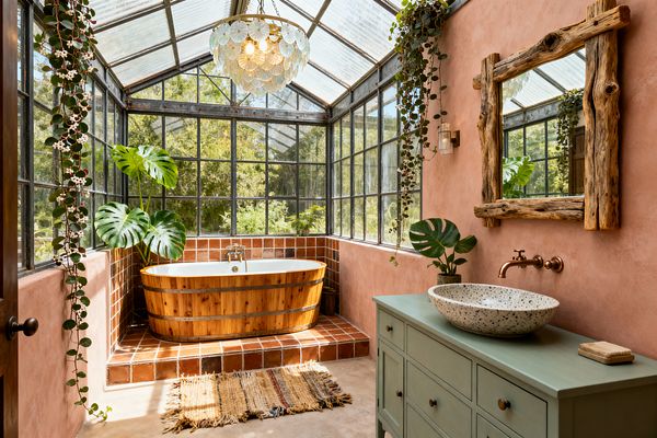 A sun-filled bathroom with greenhouse-style steel windows and a pitched glass roof features a cedar-clad oval soaking tub set on terracotta tiles. Along a blush plaster wall, a sage green vanity with a speckled terrazzo vessel sink and copper faucet sits beneath a rustic timber mirror, while trailing vines, monstera plants, a jute rug, and a capiz-shell chandelier bring natural texture and a relaxed Bohemian mood.