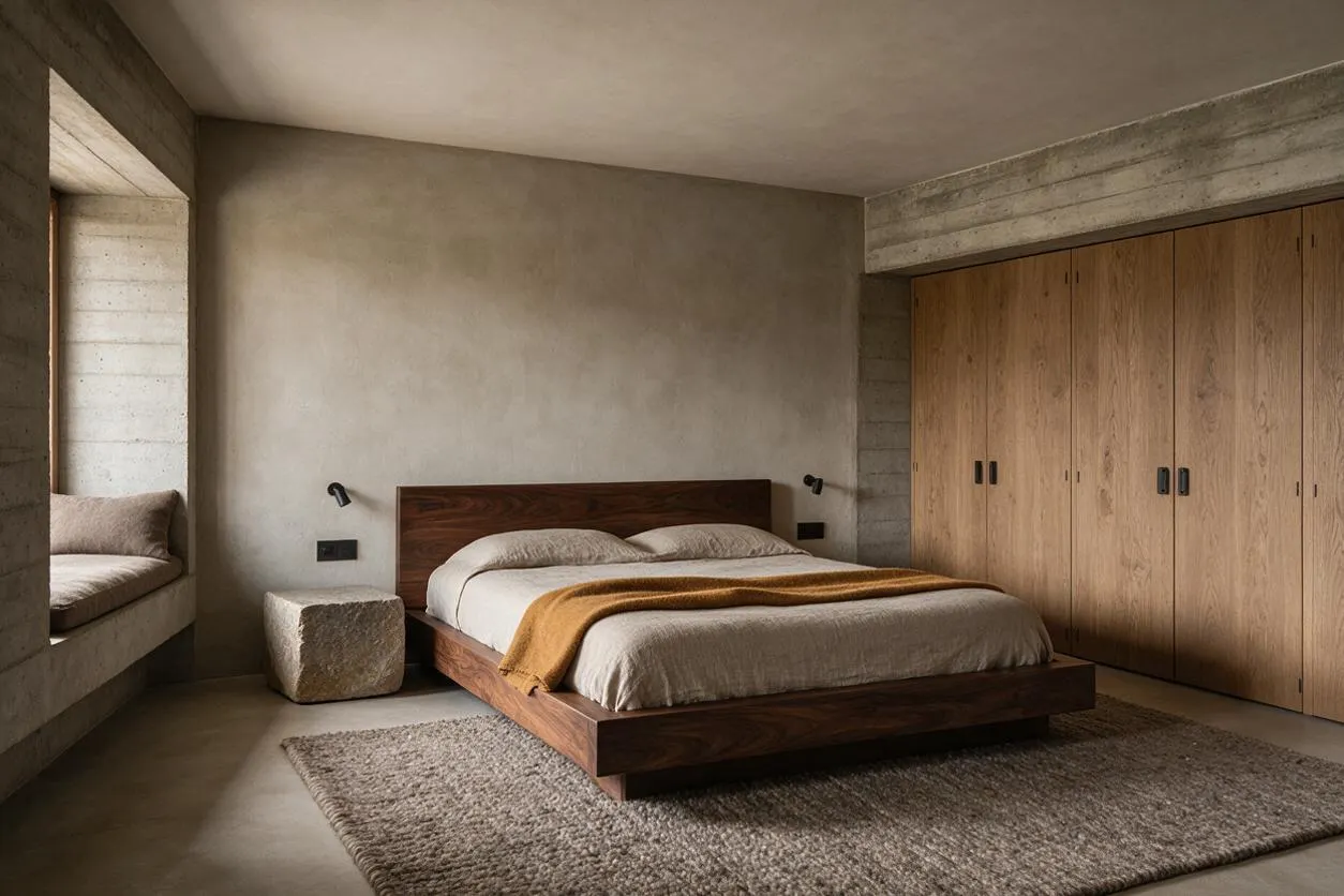 A minimalist master bedroom with a low walnut platform bed, beige bedding, and a mustard throw centered against smooth concrete walls. Built-in concrete-framed seating and light wood wardrobe doors add to the warm Brutalist style.