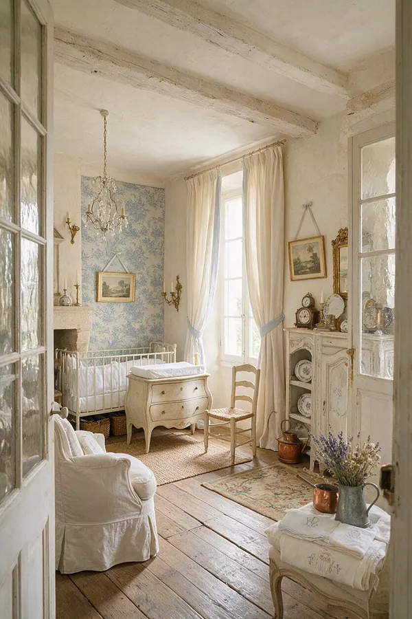 A charming French Country nursery with exposed wood ceiling beams, pale plaster walls, and a blue toile accent wall behind a white crib. Cream curtains frame a tall window, while antique-style furniture, a small chandelier, framed artwork, woven textures, and a vintage rug create a soft, elegant atmosphere.
