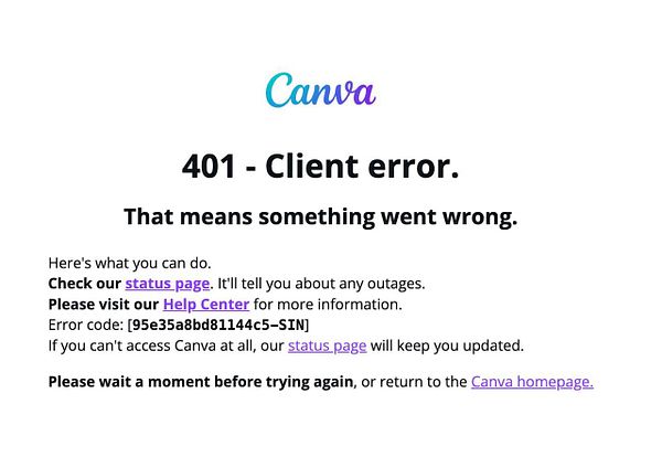 The image displays a 401 Client Error message from Canva.