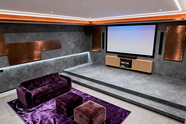 A contemporary home theater with gray microcement walls and a stepped platform faces a large widescreen framed in black. Perforated copper acoustic panels and a light oak floating console with perforated fronts sit below slim black speakers; warm cove LEDs and a linear wall strip illuminate the space. In the foreground, a deep purple velvet sofa with two ottomans rests on a glossy purple rug.