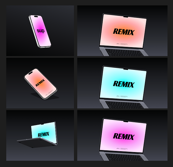 The image features a grid of design mockups showcasing a smartphone and a laptop with vibrant backgrounds and text.