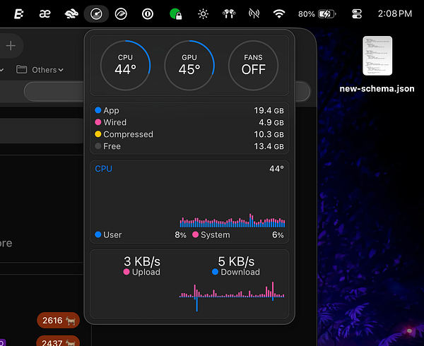 iStat Menus app displaying real-time CPU usage with detailed graphs on macOS.