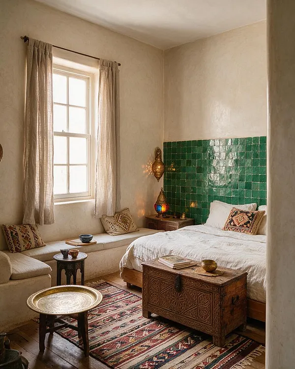 A cozy Moroccan-style guest bedroom with a low bed dressed in white linens, a carved wooden chest at the foot, and a green zellige tile accent wall behind it. The room includes a window with sheer curtains, patterned cushions, a woven rug, and brass lanterns that add warm ambient light.