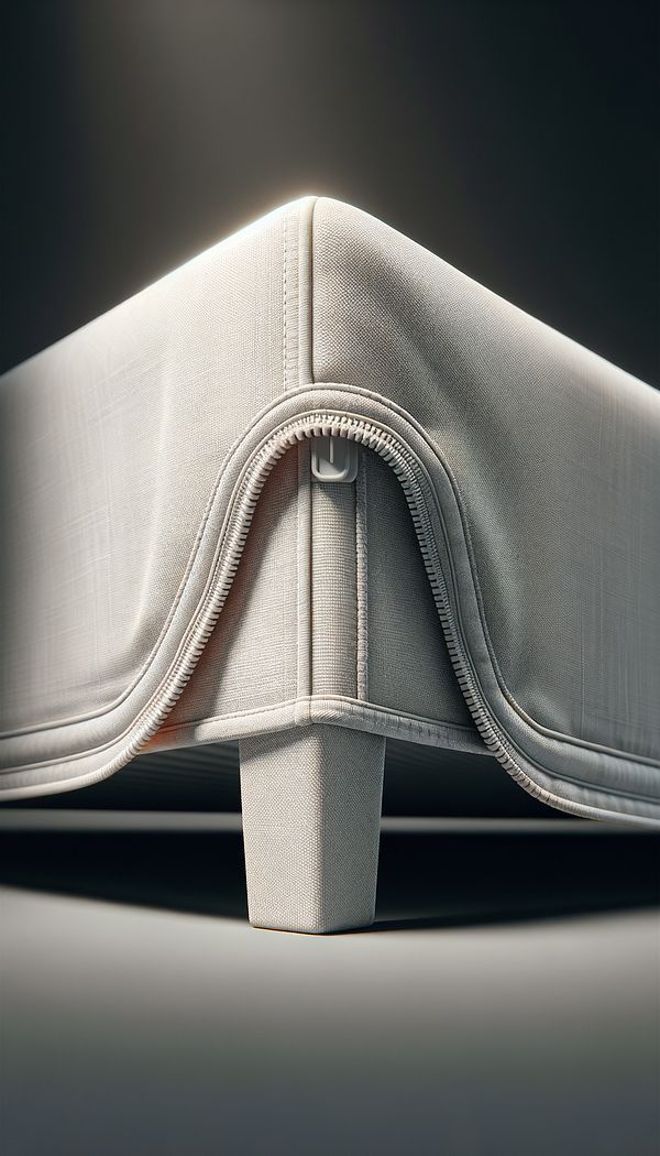 A detailed view of the underside of a piece of upholstered furniture, showing a neatly attached lightweight dust cover.