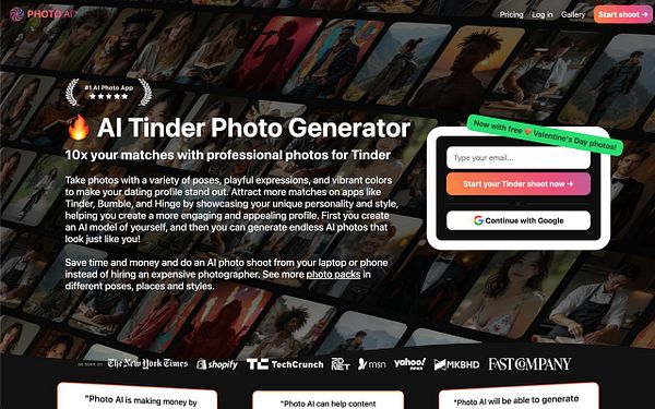 The image promotes an AI-powered photo generator for enhancing Tinder profiles with professional photos.