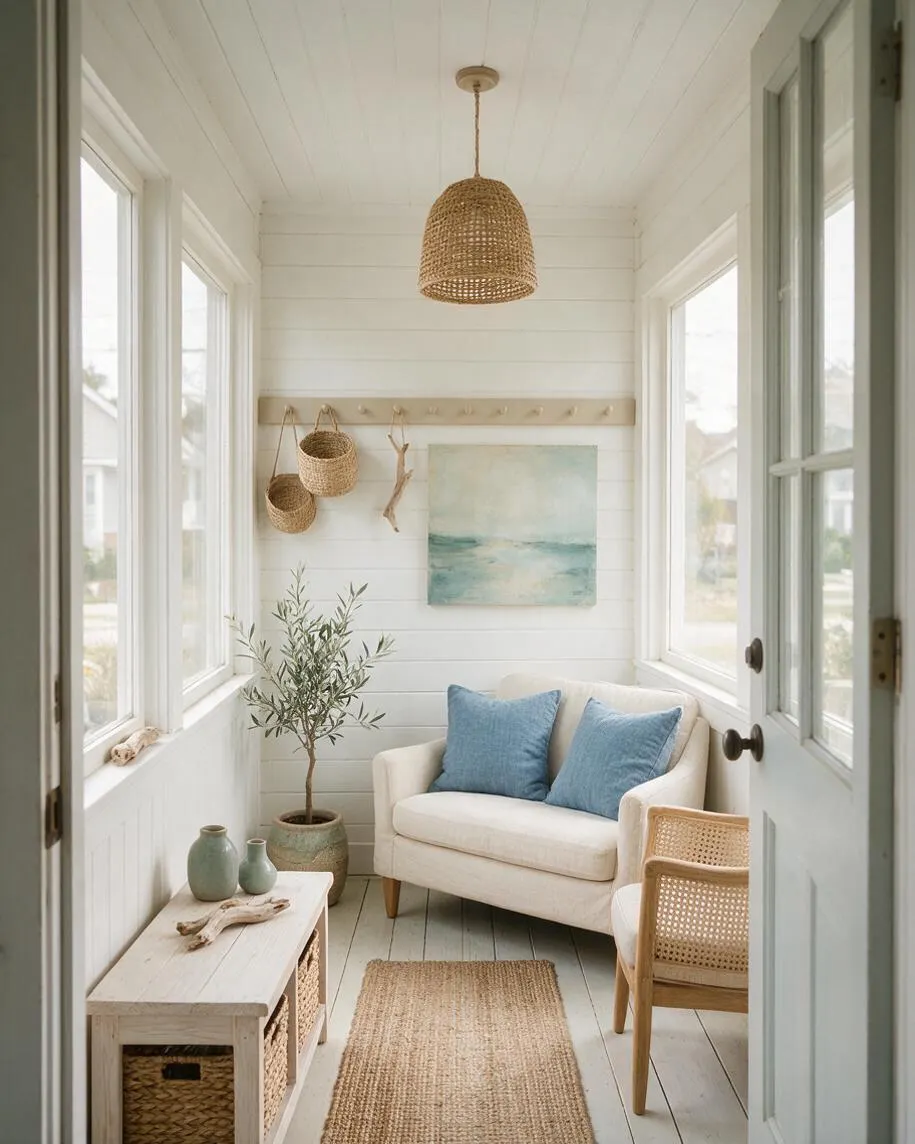 A bright enclosed front porch with white shiplap walls and ceiling, large windows, and a woven pendant light. The space includes a cream upholstered loveseat with blue pillows, a cane chair, a jute rug, a rustic wood table, baskets, driftwood accents, and soft sea-glass decor.