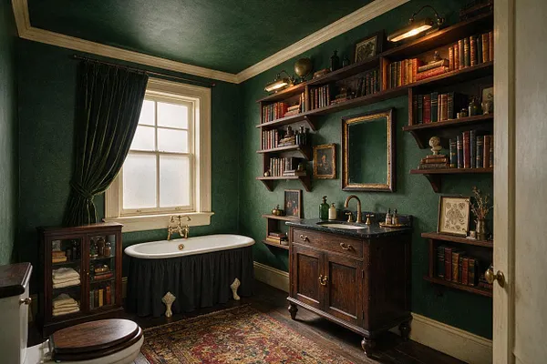 A dark academia master bathroom with deep green walls, a dark wood vanity, and wall-mounted bookshelves filled with vintage books and decor. A freestanding tub sits beneath a window with dark drapery, while a patterned rug and brass accents add a moody, scholarly atmosphere.