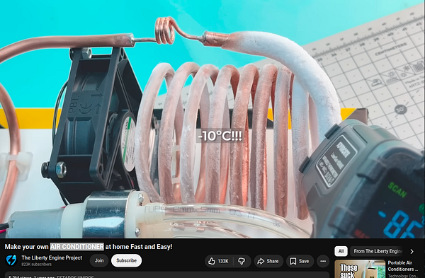 A humorous video still showing a man attempting to build a homemade air conditioner using household items.