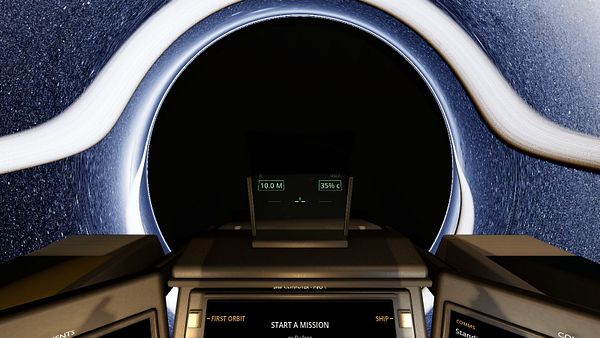 View from inside a spaceship cockpit looking out at a black hole with a bright accretion disk, featuring HUD elements for distance and speed.