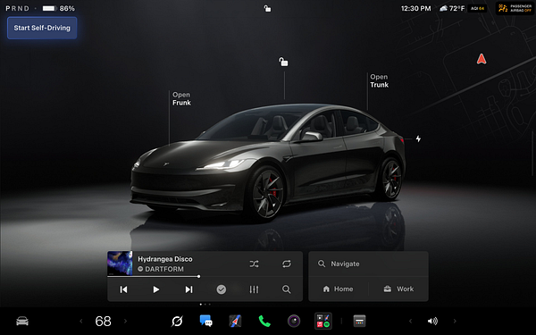 A high-tech car visualization created with Unreal Engine for Tesla, showcasing a sleek black Tesla model driving on a digital road at night with illuminated futuristic graphics.