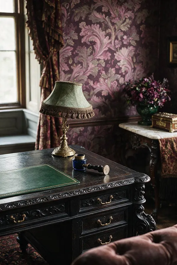 A richly decorated Victorian-style study features a dark carved wooden desk with brass pulls, a green leather writing mat, and a brass table lamp with a fringed shade. Behind it, purple floral wallpaper, heavy patterned drapes, a marble-topped side table with flowers, and deep jewel tones create a moody, elegant atmosphere.